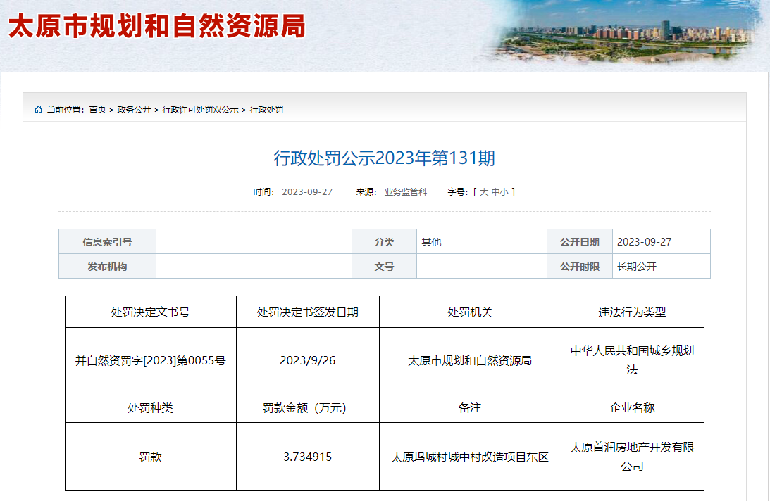 违反城乡规划法 太原首润房地产开发有限公司被罚3734915万元天博(图1)